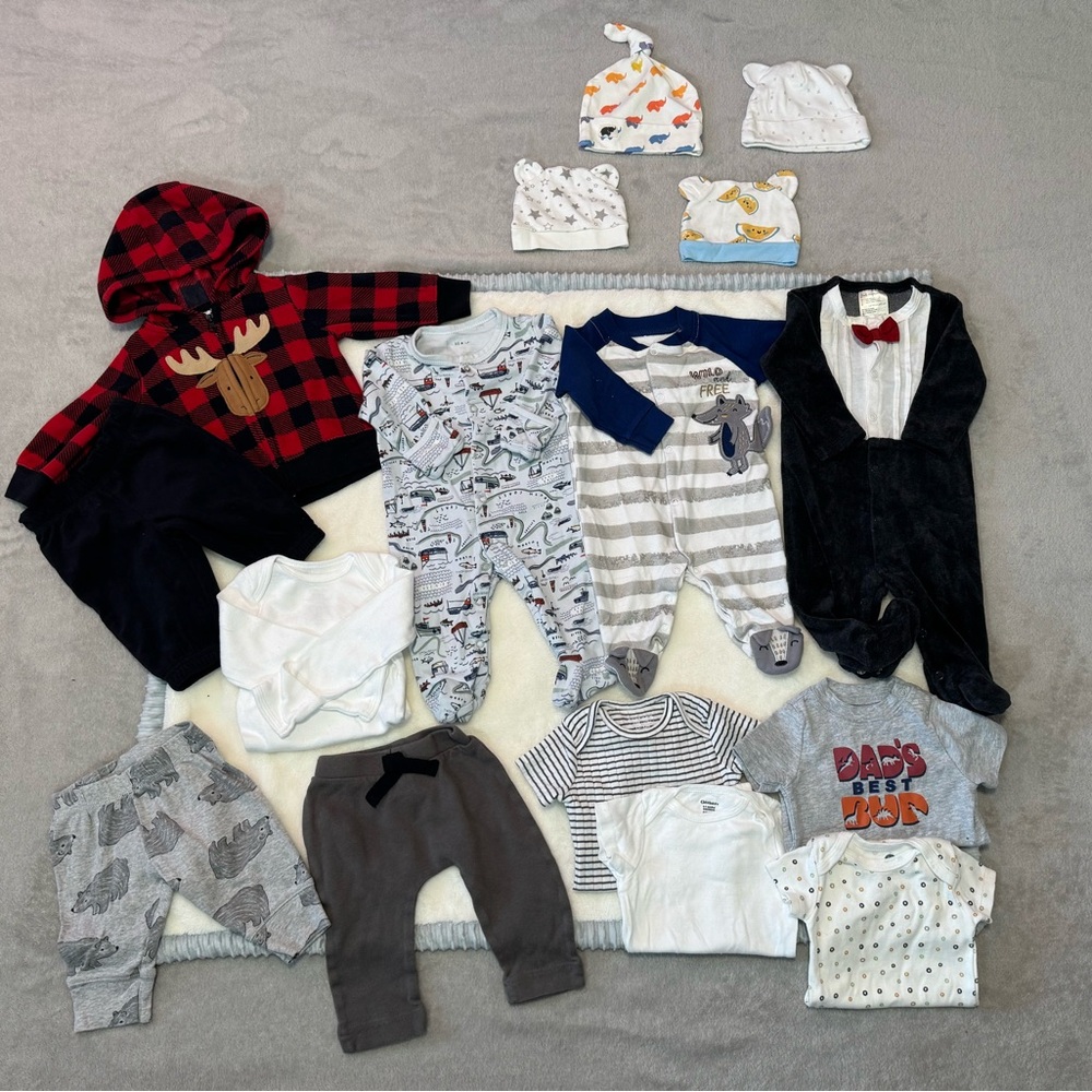 23 Piece Baby Boy 0–3M Bundle – Sleepers, Fleece Set, Onesies & More